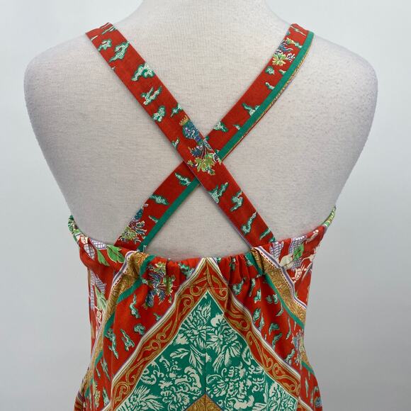 Vintage 70s Striped Maxi Dress Crossback Sleeveless Red Green Gold Womens Small - Picture 6 of 9